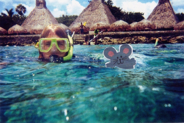 Reed McKellar & Flat Library Mouse snorkeling at Chakanaab Park in Cozumel, Mexico