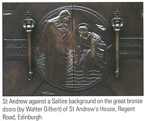 St Andrew against a saltire background on the great bronze door of St Andrew's House, Regent Road, Edinburgh