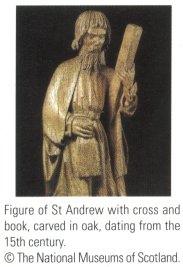 Figure of St Andrew with cross and book, carved in oak, dating from the 15th century.