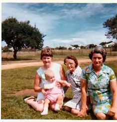 Alice May Buckley Slattery  -   in middle  -  her dau Dorothy on her left & granddau on her right - great grand dau Jackie on lap of Dee